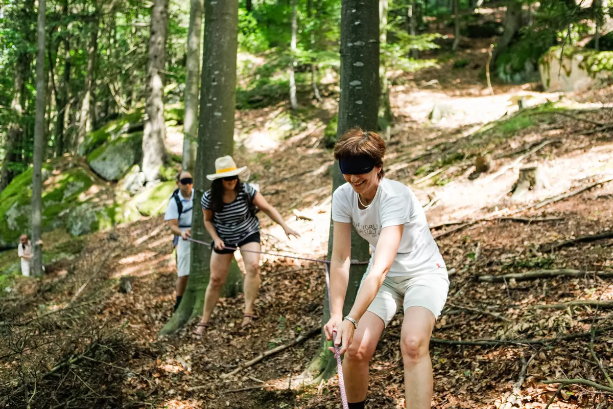 Erwachsene blind am Seil entlang von Bäumen