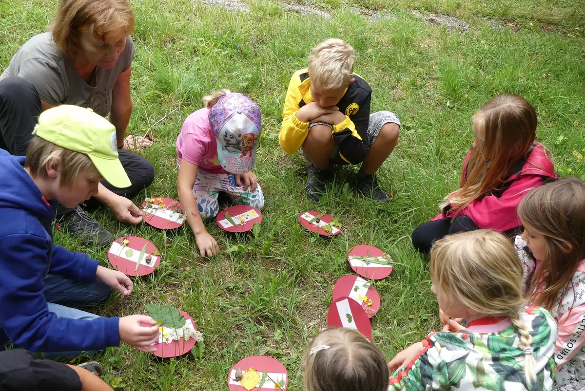Ein Guide untersucht mit einer Gruppe von Kindern Pflanzen im hohen Gras