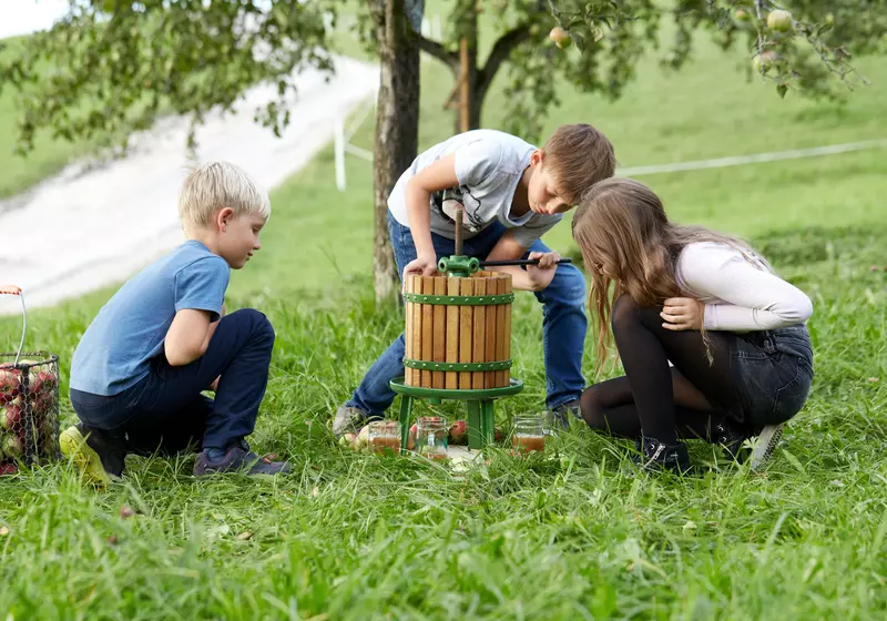 Drei Kinder beim Obstpressen