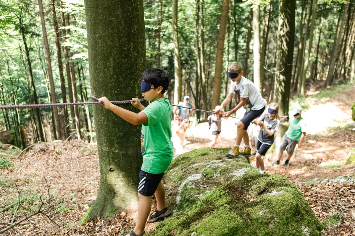 Kinder blind am Seil entlang von Bäumen
