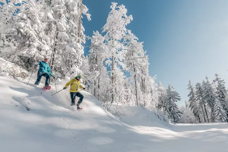 Paar mit Schneeschuhen läuft über Abhang