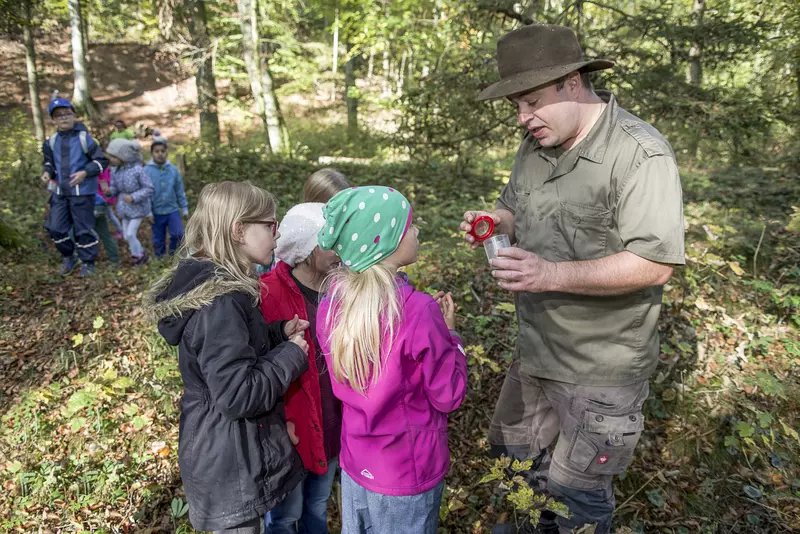 Guide mit Probebecher erklärt einer Gruppe von Kindern etwas im Wald