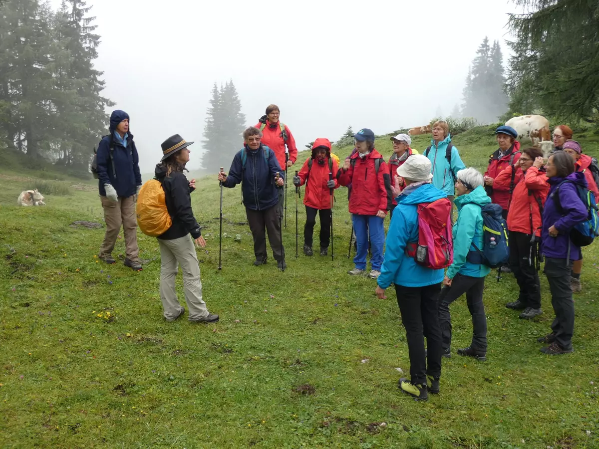 Guide mit Gruppe am Almboden unterwegs