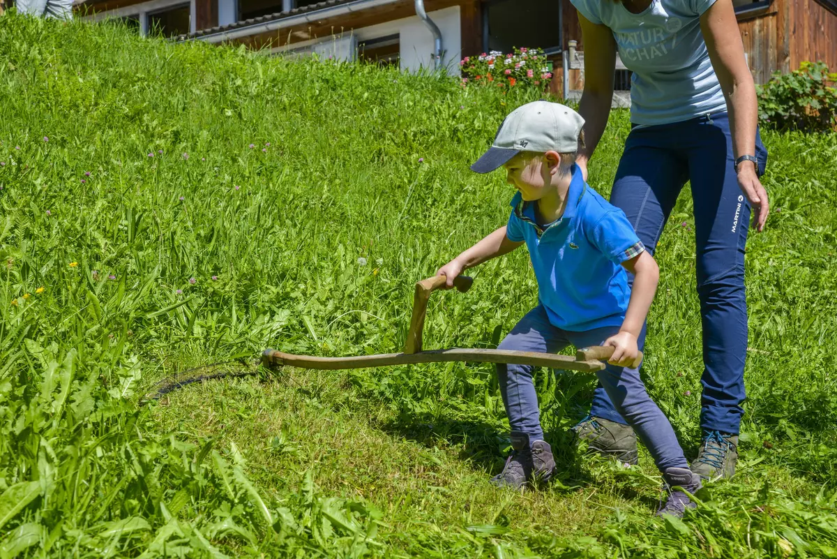 Bub mäht unter Anleitung des Guides mit einer Sense
