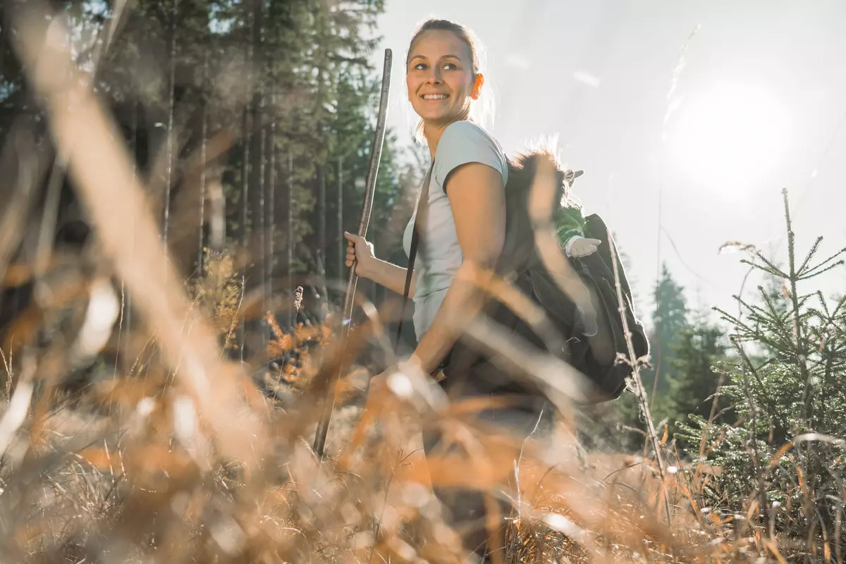 Guide mit Stock in einer Waldlichtung