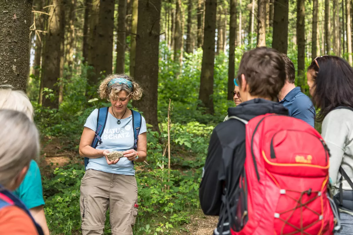 Weiblicher Guide mit Stein erklärt Gruppe
