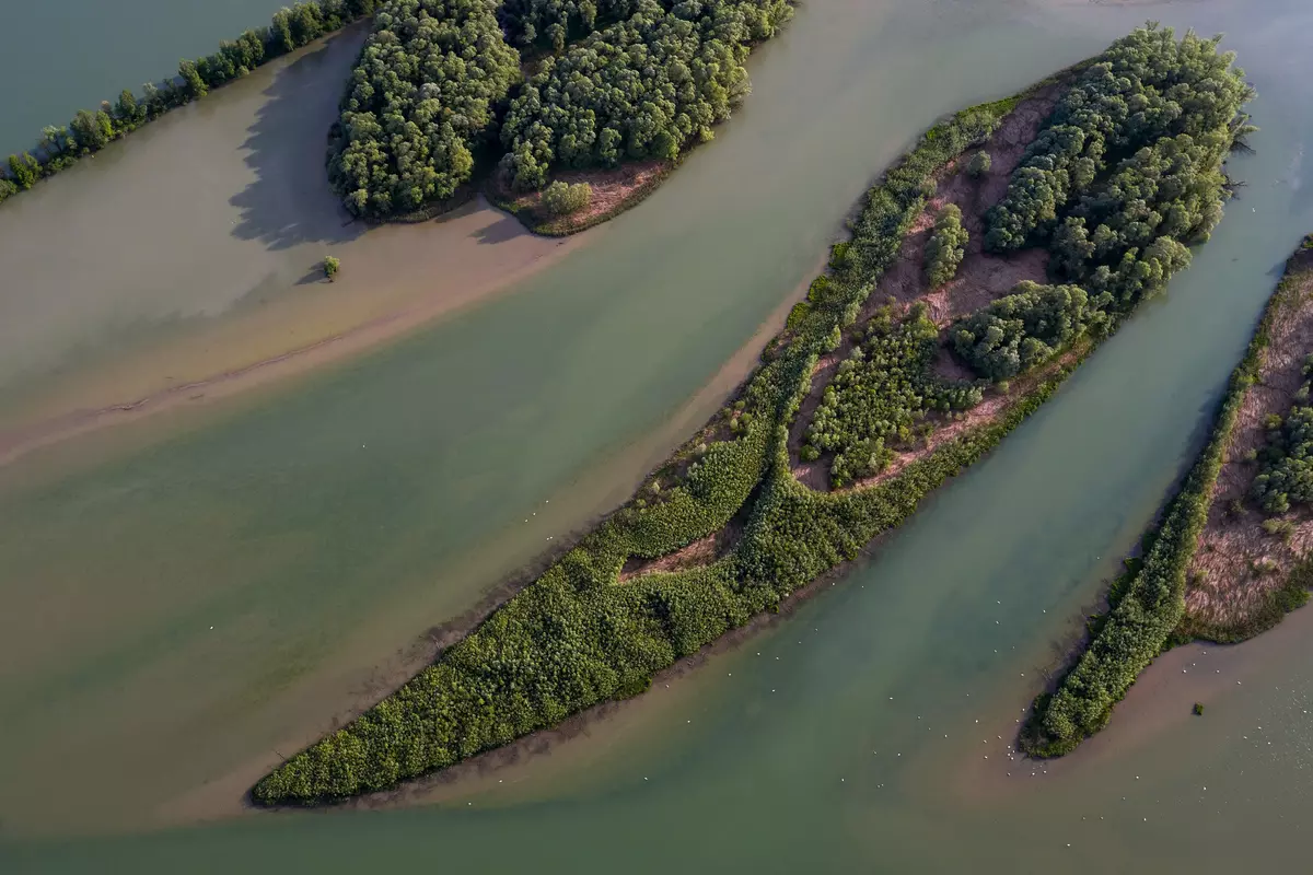 Insellandschaft im Fluss in einer Luftaufnahme von oben