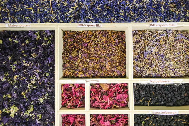 Verschiedene Blüten und Beeren in Holzkistchen