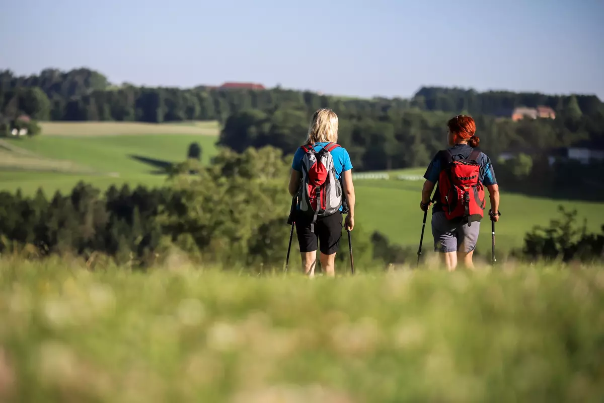 Zwei Frauen wandern auf Wiese von hinten