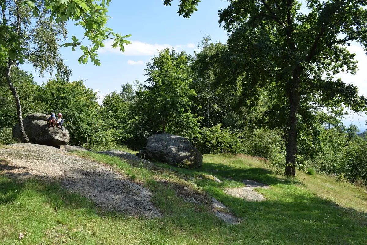 Zwei Kinder auf einem Felsen in einer Waldlandschaft mit Wiesen