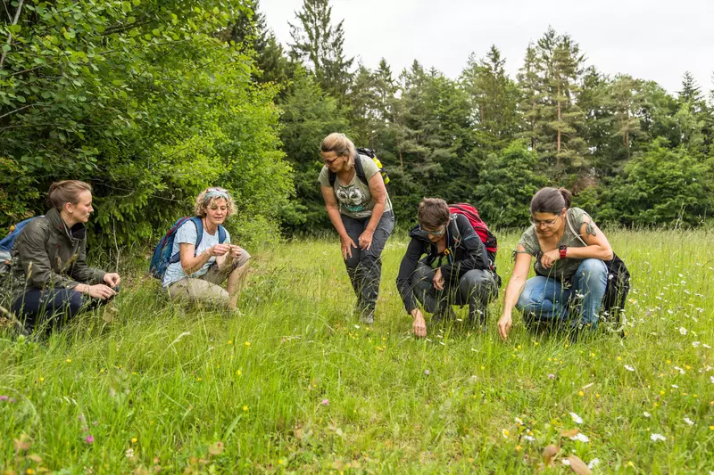 Frauengruppe hockend in Wiese mit weiblichem Guide
