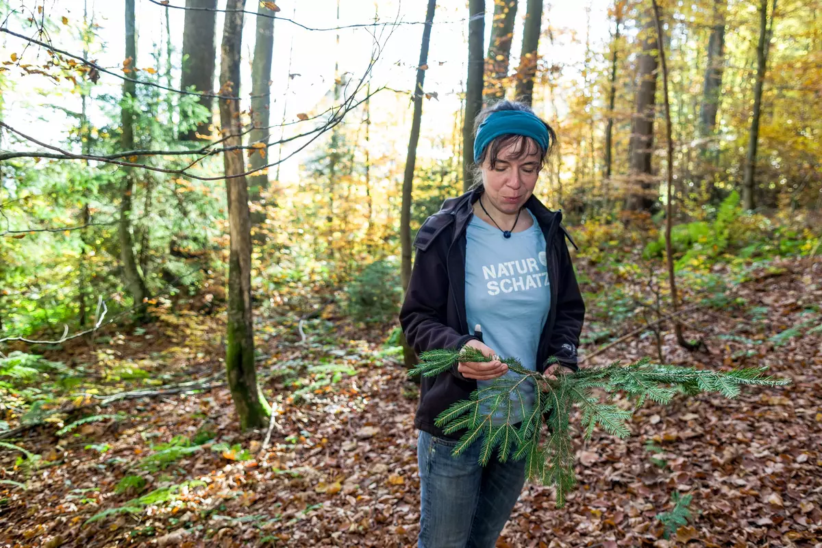 Weiblicher Guide mit Nadelbaumzweigen im Wald