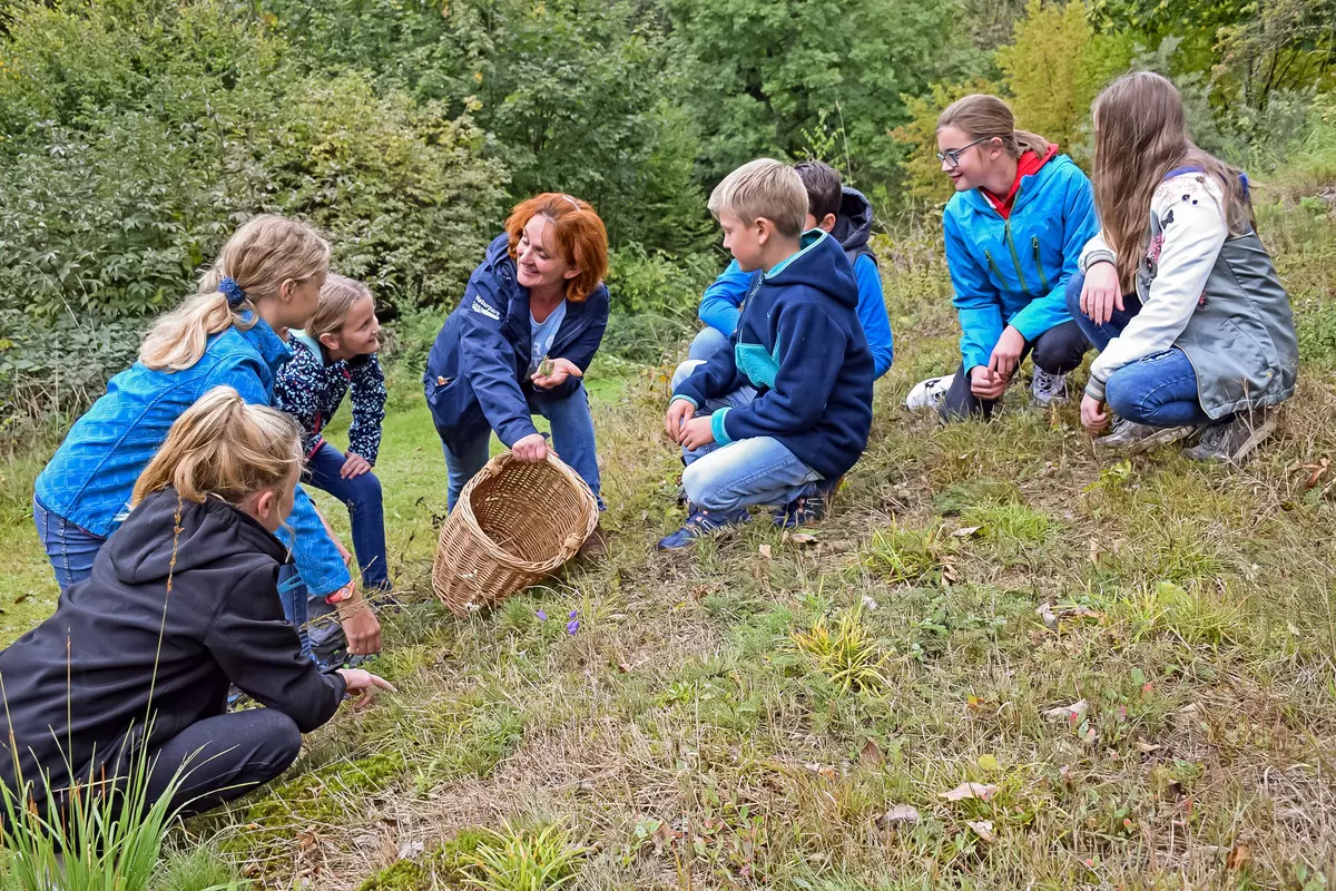 Kindergruppe hockend auf Wiese mit Korb