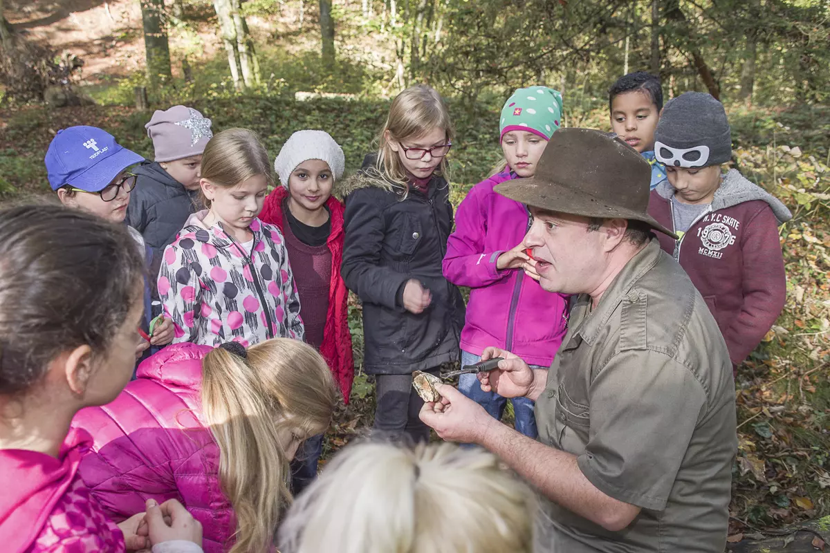 Guide mit einer Gruppe von Kindern im Wald