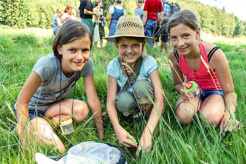 Eine Gruppe von Kindern hockend im hohen Gras
