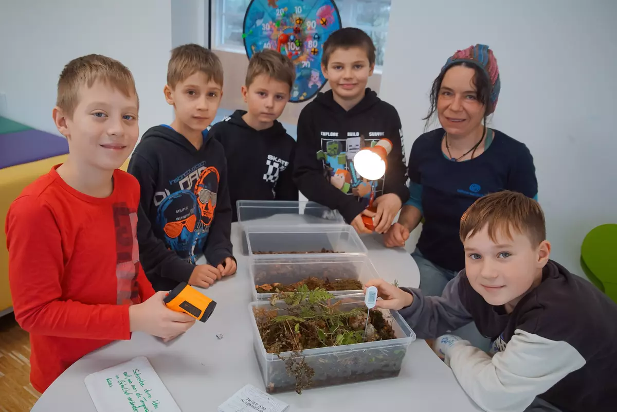 Fünf Burschen erforschen mit Lampe und Messgerät Erde und Pflanzen