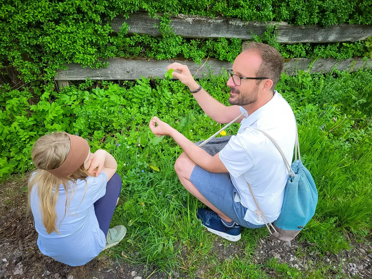 Mann mit Kind begutachten Kräuter