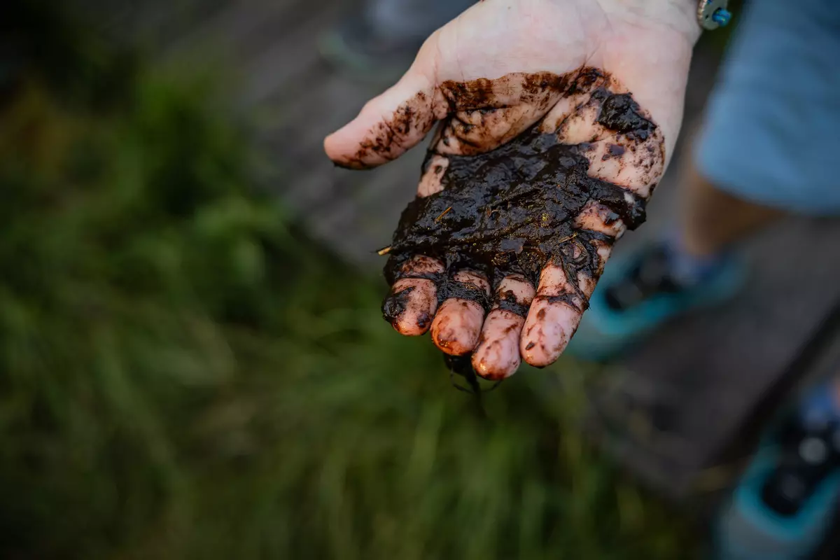 Moorschlamm in der Hand eines Teilnehmenden