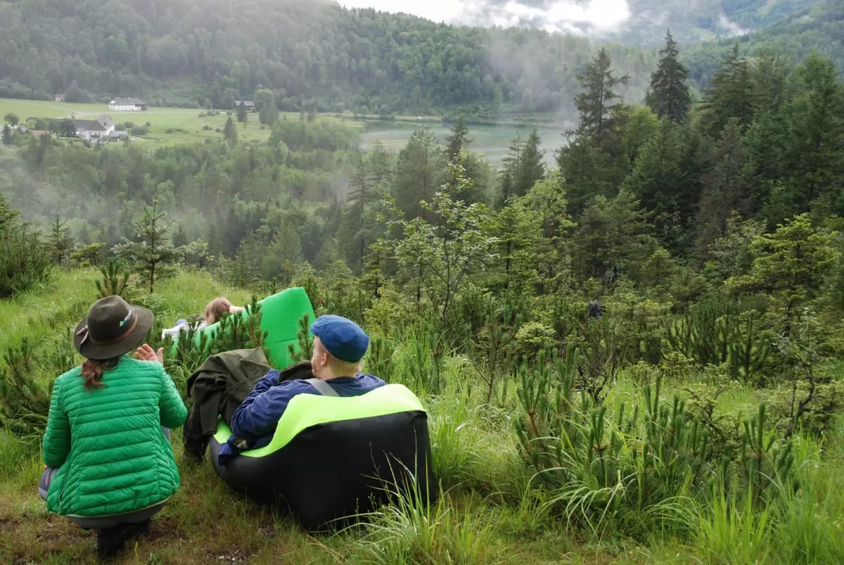 Gruppe blickt auf Almsee und darum liegende Wälder