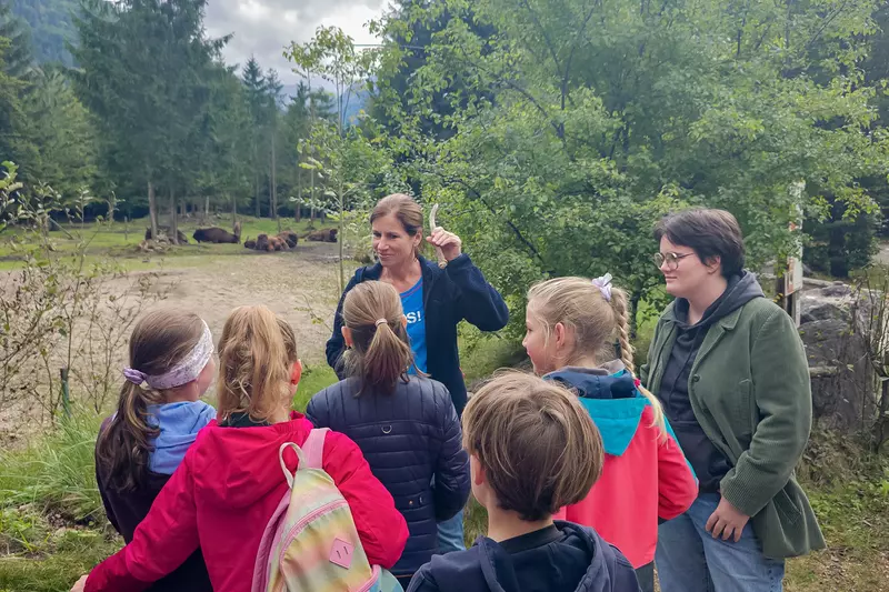 Guide zeigt Kindern Horn