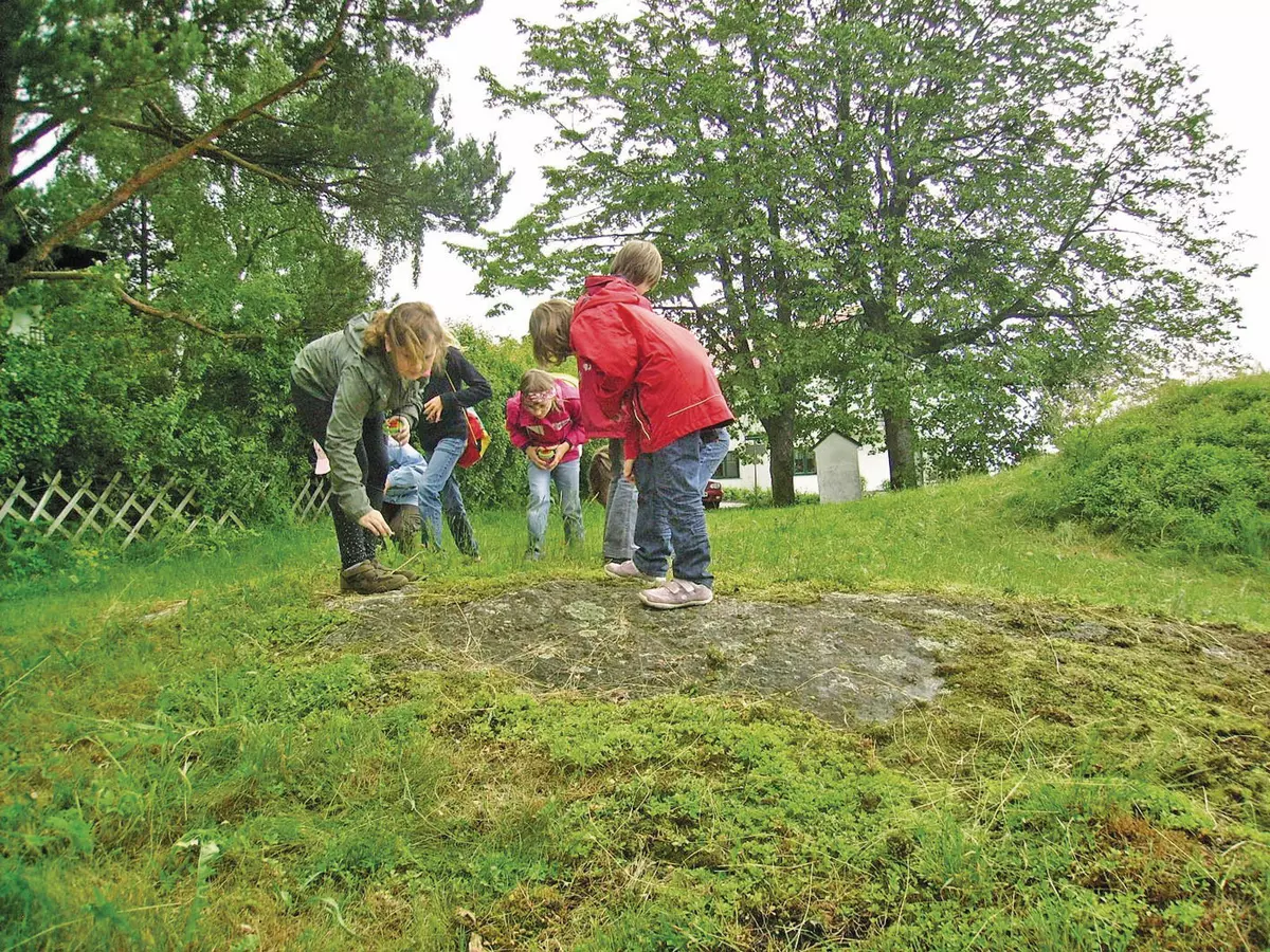 Einige Kinder auf einem bemoosten Felsen in der Wiese