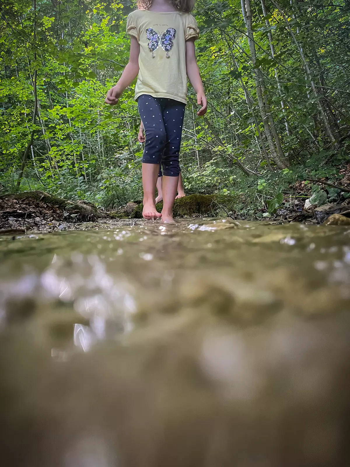 Kinder gehen barfuss durch einen Bach im Wald